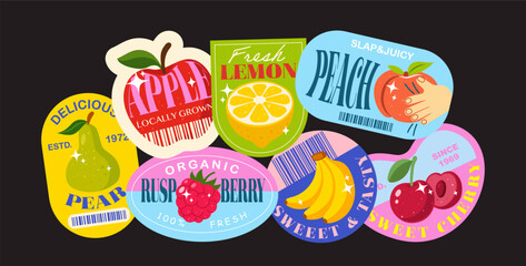 Retro fruit sticker pack with colorful vintage labels for apple, lemon, peach, pear, berry, banana, and cherry. Vector set for organic, healthy food packaging, farm market, and branding design.