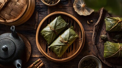 Fototapeta premium Explore delicious leaf wrapped rice dumplings and traditional chinese tea ceremony on wooden table top view