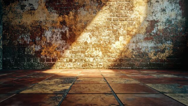 Sunlight streaming through a dusty window illuminating an old brick wall and tiled floor
