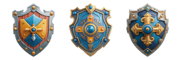 Detailed Decorative Shields with Colorful Designs and Patterns