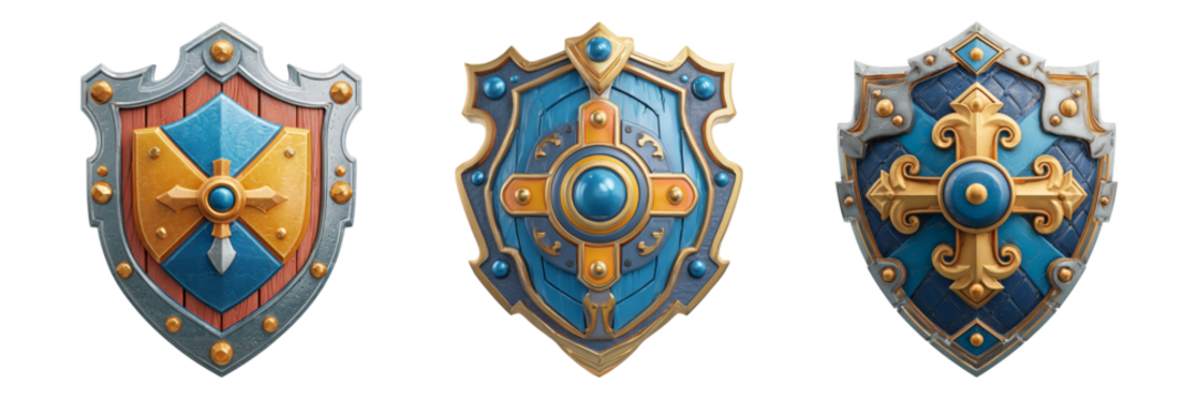 Detailed Decorative Shields with Colorful Designs and Patterns