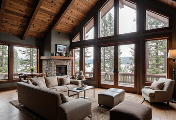 Fototapeta premium A cozy and inviting rustic living room with a stone fireplace, dramatic vaulted wood ceiling, and large windows offering a beautiful lake and forest view. 