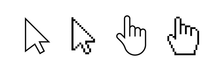 Cursor icons, Minimal and pixel art mouse arrow and hand pointer designs, Computer Pointer Symbols, Digital Click Icons, Web Navigation Cursors, Graphic User Interface Elements, Pixel art, vector.