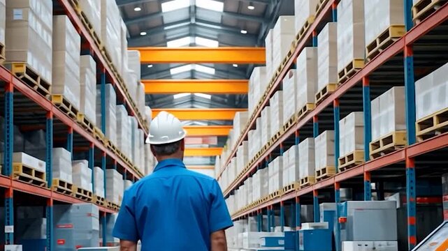Warehouse Worker Inspecting Inventory in a Large Distribution Center.