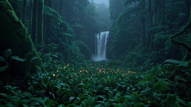 A breathtaking waterfall cascades into a lush green jungle, surrounded by towering trees and mist. Soft glowing lights dot the forest floor, creating a magical, tranquil atmosphere in this untouched n