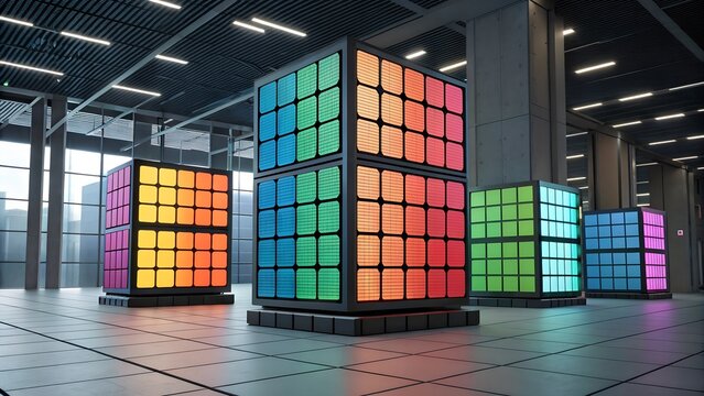 Colorful, grid-like cubes stand out in a digital, futuristic scene. - Powered by Adobe