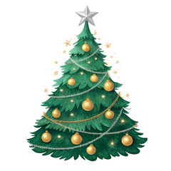 Christmas tree decoration with colorful balls and a star on top, isolated on a white background