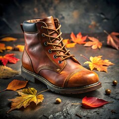 A single brown leather laceup boot rests on a textured stone surface surrounded by colorful fallen autumn leaves, showcasing rugged style and outdoor adventure