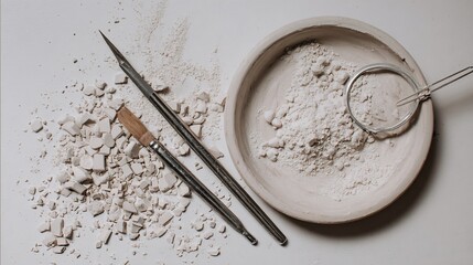 Ceramic powder preparation tools still life photography for creative art projects and design inspiration