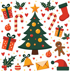 Christmas illustration with tree gifts candy canes and decorations on white background