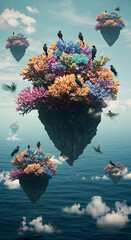 Floating Islands of Coral Reef and Flying Birds over the Ocean