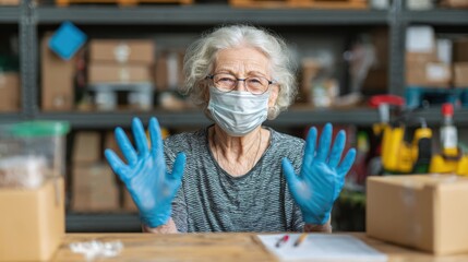 A senior woman wearing a facemask and gloves prepares packages in a warehouse, showcasing diligent work ethics and safety measures during a pandemic.