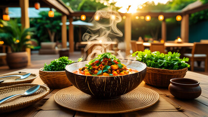 Steaming hot curry in a coconut bowl at outdoor restaurant