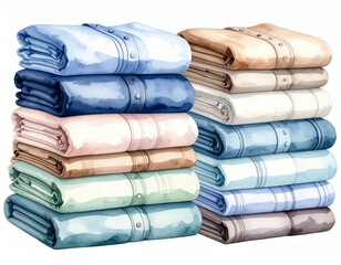 Stacks of Neatly Folded Watercolor Shirts in Various Pastel Colors on White