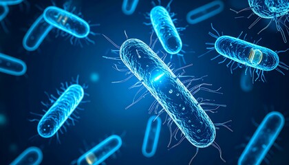 Microscopic view of rod-shaped bacteria floating in a dark blue background, glowing with inner light