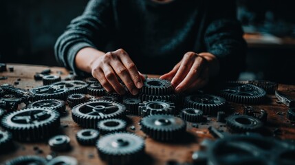 Hands arranging gears on a workbench