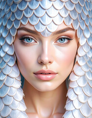 A striking close-up of a woman with captivating blue eyes, adorned with a silvery, scale-like headdress.