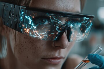 Female scientist utilizing advanced augmented reality glasses for research.