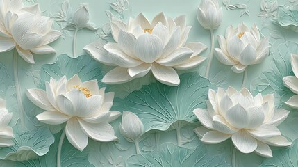 Lotus blooms embossed on a mint backdrop, creating a tranquil, textured botanical scene