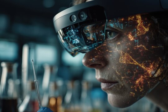 Scientist Using Augmented Reality Headset for Advanced Data Visualization in Lab