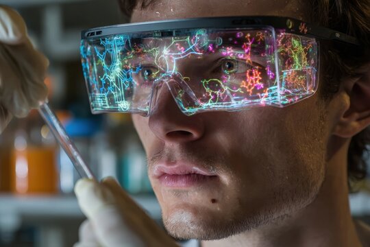 Focused man in augmented reality glasses observing complex data in a modern lab.