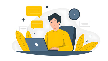 Man working on laptop with chat bubbles and clock in flat design style computer desk