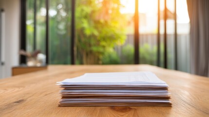 A stack of documents secured with a binder clip rests on a wooden table,