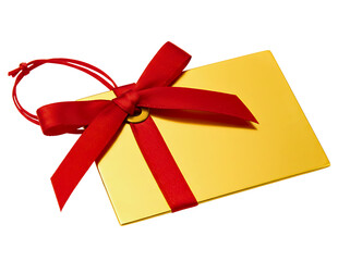 Golden gift tag with red ribbon isolated on white background