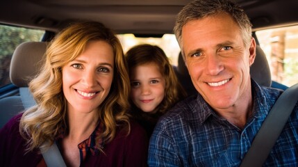 Fototapeta premium A happy family of three, a woman, a little girl, and a man,