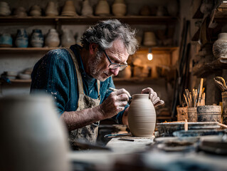 Potter shaping clay vase with focused artistry, creating unique ceramics in workshop studio setting