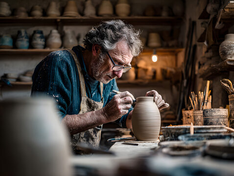 Potter shaping clay vase with focused artistry, creating unique ceramics in workshop studio setting