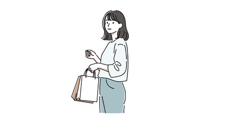 Minimalist illustration of a woman holding shopping bags, showcasing a modern retail experience, ideal for fashion, lifestyle, or advertising designs about consumerism.