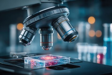 Advanced microscope examining glowing sample, symbolizing scientific research.