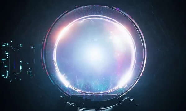 A glowing orb radiates brilliant white and blue light, floating in a dark space with shimmering highlights. Its mystical energy and transparent surface evoke curiosity and a sense of futuristic discov