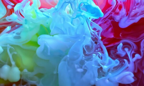 Vibrant clouds of blue, red, and yellow paint swirl and blend underwater, forming stunning abstract shapes. The flowing colors create a mesmerizing visual dance, showcasing creativity and dynamic moti