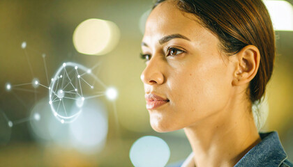 Close up portrait, headshot of young business woman on digital business chart background. 