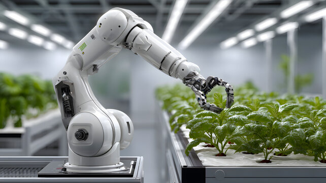 White robotic arm tending green plants in an indoor farm with bright lighting and futuristic