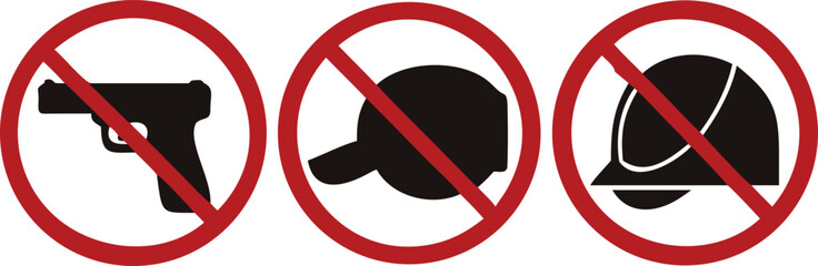 Isolated set of red prohibition warning signs: no smoking, no swimming, and no fishing icons