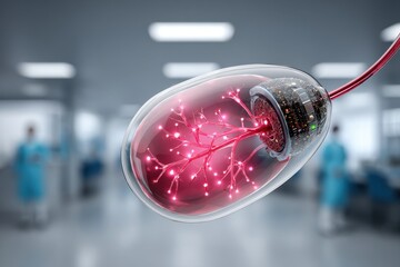 Futuristic medical nanobot capsule with glowing network in a hospital setting.