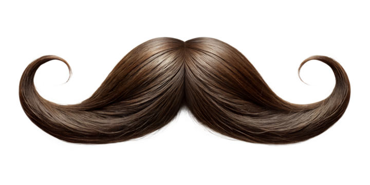 Photo of a detailed closeup of a dark brown, shiny, and elegantly curled mustache, isolated on a transparent background, symbolizing style and sophistication