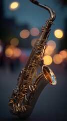 Obraz premium Close up of a vintage saxophone with blurred city lights in the background