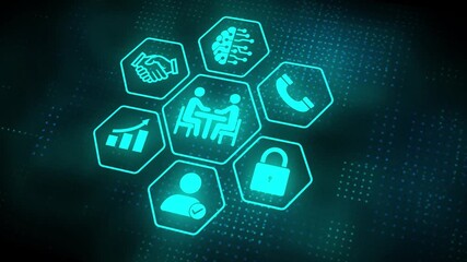 Futuristic digital business communication icons representing growth, security, AI, teamwork, trust, identity verification, and connectivity in technology-driven professional environments. - Powered by Adobe