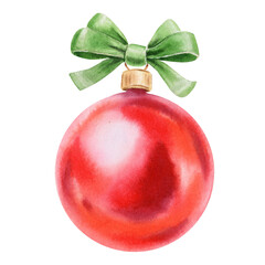 Red Christmas ball with green ribbon, watercolor illustration, PNG shiny bright red ball with silk bow on top. New Year and Christmas decoration
