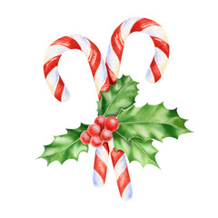 Christmas candy cane and holly PNG watercolor decoration. Candy canes and holly leaf with red berries, isolated on transparent background for greeting card design or festive overlays, frames