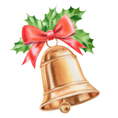 Christmas bell with red bow, silk ribbon and holly leaf, PNG watercolor decoration. Festive golden bell with red ribbon on transparent background