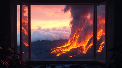 Obraz premium Volcano eruption through window sunset