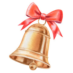 Christmas bell with red silk ribbon and bow, PNG watercolor decoration. Shiny golden bell with red ribbon on transparent background