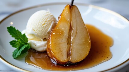 Caramelized pear half standing upright in rich golden syrup with vanilla ice cream and mint leaves on luxurious porcelain plate