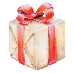 Christmas gift box with red silk bow on top on transparent background, watercolor illustration. PNG wrapped gift box with red ribbon