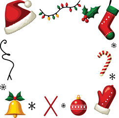 Christmas decoration elements set with Santa hat stocking candy cane and ornaments on white background